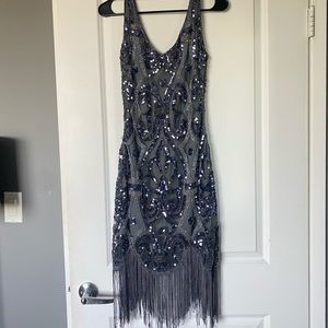 Gray & Blue Beaded Flapper Dress